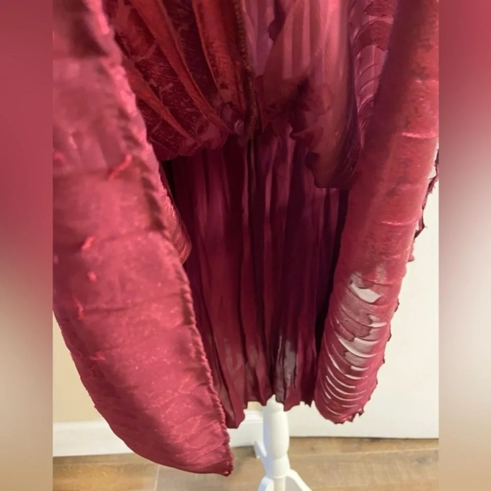 Anthropologie Wine Pleated High-Low Bell-Sleeve Dress Medium